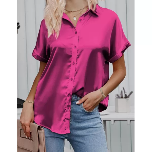 HOTOUCH Silk Button Down Shirts for Women Satin Short Sleeve V Neck Casual Work Office Blouse Tunic TopsHot Pink