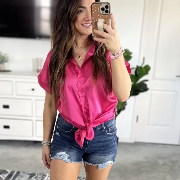 HOTOUCH Silk Button Down Shirts for Women Satin Short Sleeve V Neck Casual Work Office Blouse Tunic TopsHot Pink