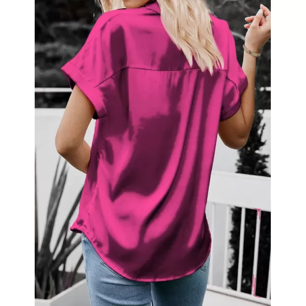 HOTOUCH Silk Button Down Shirts for Women Satin Short Sleeve V Neck Casual Work Office Blouse Tunic TopsHot Pink