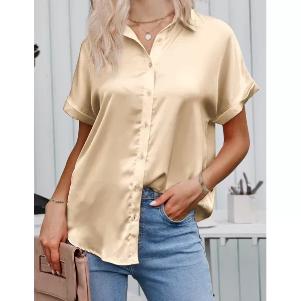 HOTOUCH Silk Button Down Shirts for Women Satin Short Sleeve V Neck Casual Work Office Blouse Tunic TopsKhaki