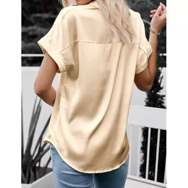 HOTOUCH Silk Button Down Shirts for Women Satin Short Sleeve V Neck Casual Work Office Blouse Tunic TopsKhaki