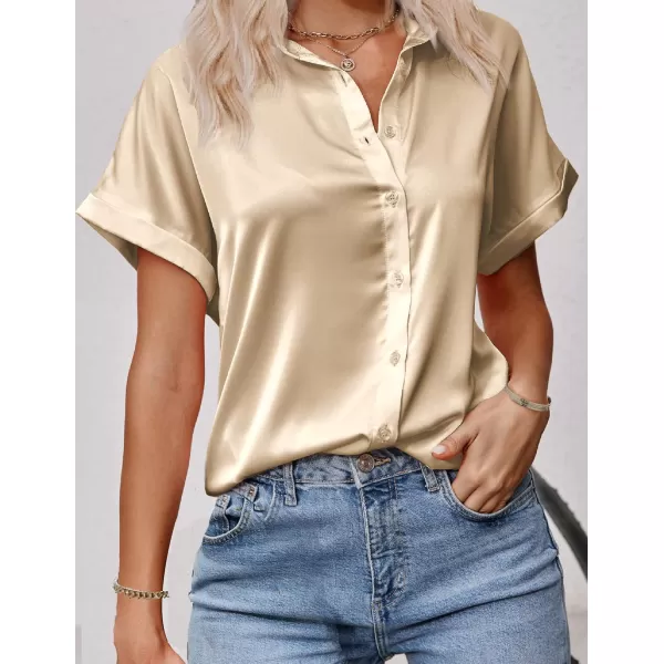 HOTOUCH Silk Button Down Shirts for Women Satin Short Sleeve V Neck Casual Work Office Blouse Tunic TopsKhaki