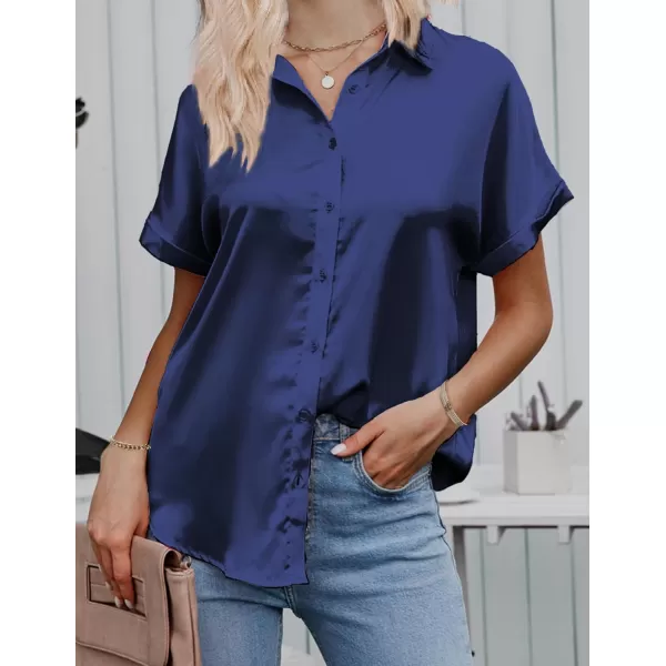 HOTOUCH Silk Button Down Shirts for Women Satin Short Sleeve V Neck Casual Work Office Blouse Tunic TopsNavy Blue