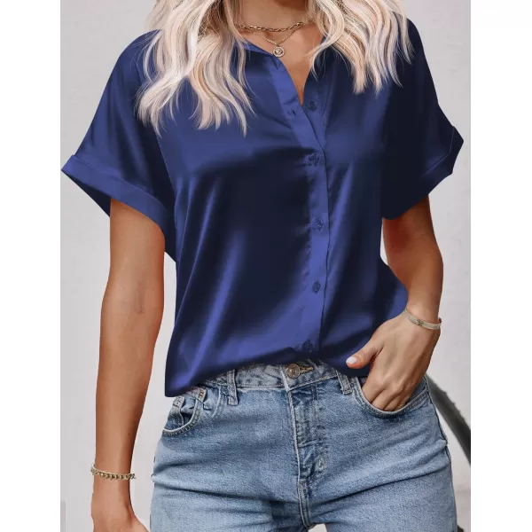 HOTOUCH Silk Button Down Shirts for Women Satin Short Sleeve V Neck Casual Work Office Blouse Tunic TopsNavy Blue