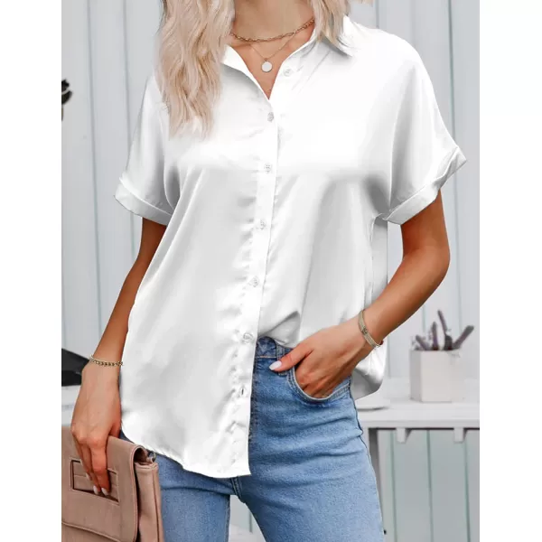 HOTOUCH Silk Button Down Shirts for Women Satin Short Sleeve V Neck Casual Work Office Blouse Tunic TopsWhite