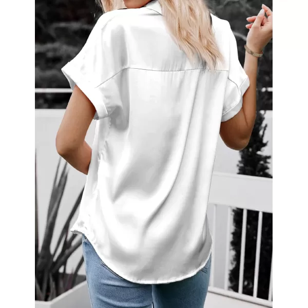 HOTOUCH Silk Button Down Shirts for Women Satin Short Sleeve V Neck Casual Work Office Blouse Tunic TopsWhite
