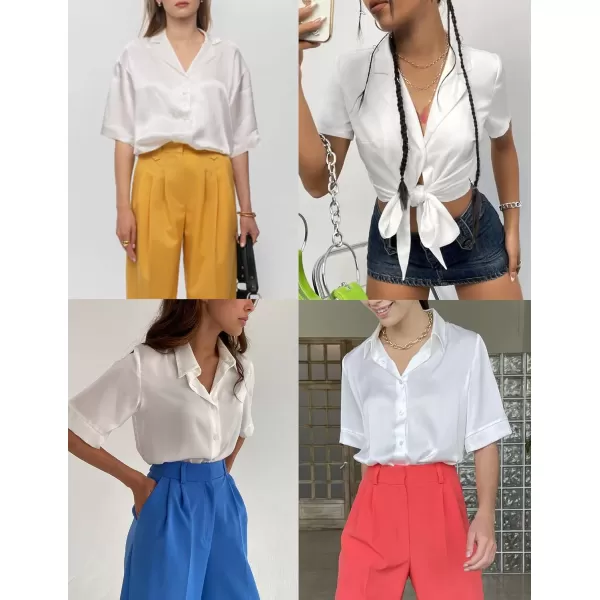 HOTOUCH Silk Button Down Shirts for Women Satin Short Sleeve V Neck Casual Work Office Blouse Tunic TopsWhite