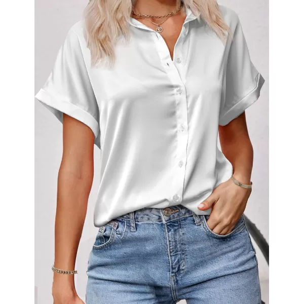 HOTOUCH Silk Button Down Shirts for Women Satin Short Sleeve V Neck Casual Work Office Blouse Tunic TopsWhite