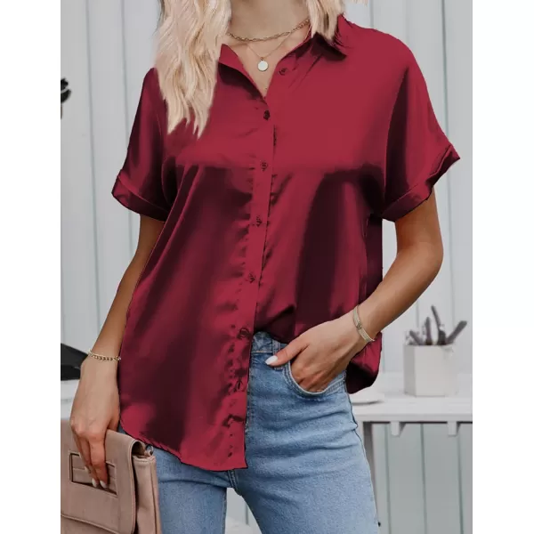 HOTOUCH Silk Button Down Shirts for Women Satin Short Sleeve V Neck Casual Work Office Blouse Tunic TopsWine Red