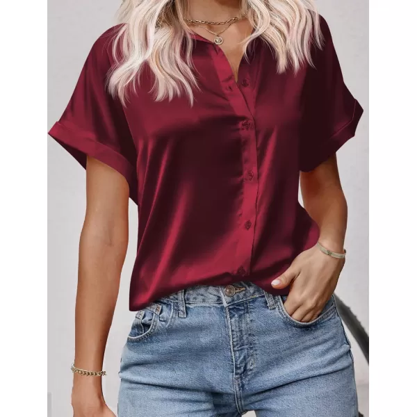 HOTOUCH Silk Button Down Shirts for Women Satin Short Sleeve V Neck Casual Work Office Blouse Tunic TopsWine Red
