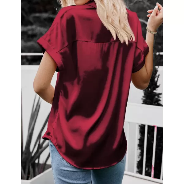 HOTOUCH Silk Button Down Shirts for Women Satin Short Sleeve V Neck Casual Work Office Blouse Tunic TopsWine Red
