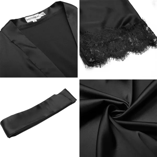 HOTOUCH Silk Robes for Women Short Lace Trim Satin Bride Robe 34 Sleeve Sexy Kimono Robe Sleepwear with PocketsA Black