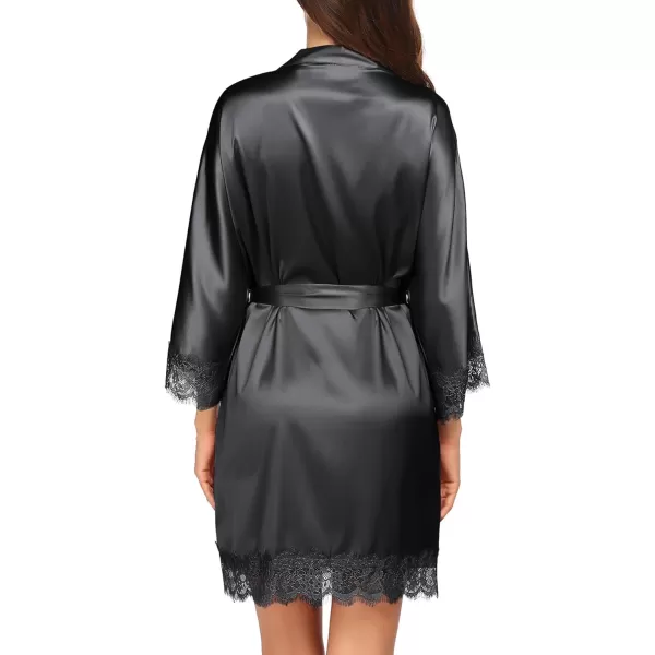 HOTOUCH Silk Robes for Women Short Lace Trim Satin Bride Robe 34 Sleeve Sexy Kimono Robe Sleepwear with PocketsA Black