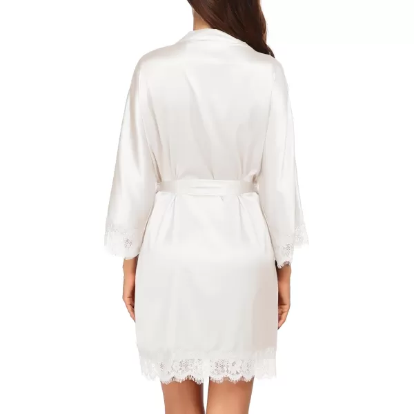 HOTOUCH Silk Robes for Women Short Lace Trim Satin Bride Robe 34 Sleeve Sexy Kimono Robe Sleepwear with PocketsA White