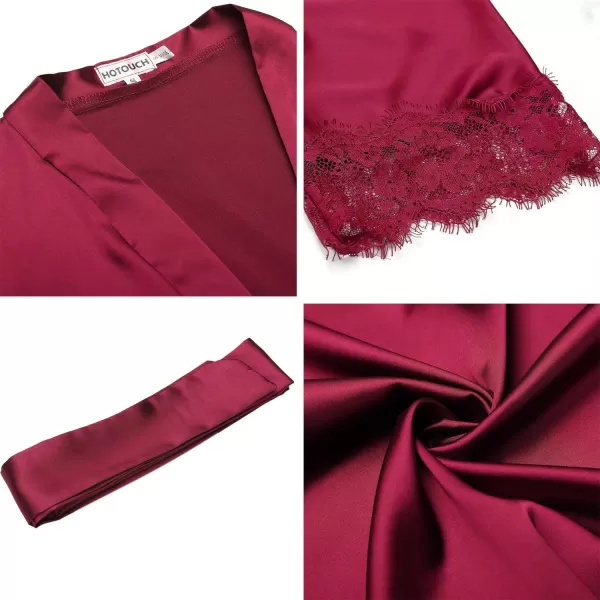 HOTOUCH Silk Robes for Women Short Lace Trim Satin Bride Robe 34 Sleeve Sexy Kimono Robe Sleepwear with PocketsA Wine Red
