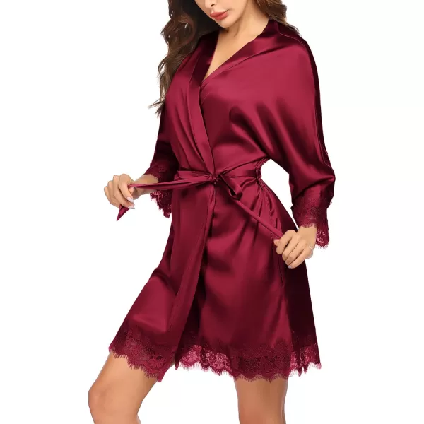 HOTOUCH Silk Robes for Women Short Lace Trim Satin Bride Robe 34 Sleeve Sexy Kimono Robe Sleepwear with PocketsA Wine Red