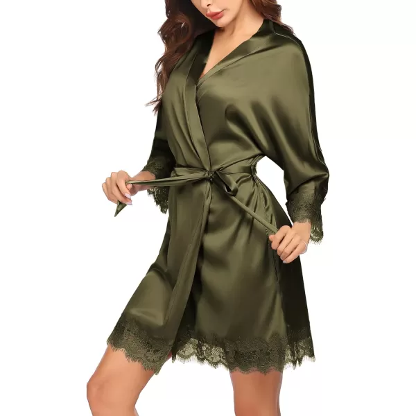 HOTOUCH Silk Robes for Women Short Lace Trim Satin Bride Robe 34 Sleeve Sexy Kimono Robe Sleepwear with PocketsArmy Green