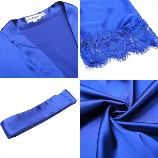 HOTOUCH Silk Robes for Women Short Lace Trim Satin Bride Robe 34 Sleeve Sexy Kimono Robe Sleepwear with PocketsBlue