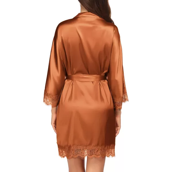 HOTOUCH Silk Robes for Women Short Lace Trim Satin Bride Robe 34 Sleeve Sexy Kimono Robe Sleepwear with PocketsCaramel