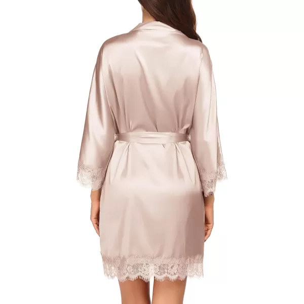 HOTOUCH Silk Robes for Women Short Lace Trim Satin Bride Robe 34 Sleeve Sexy Kimono Robe Sleepwear with PocketsChampagne