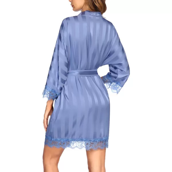 HOTOUCH Silk Robes for Women Short Lace Trim Satin Bride Robe 34 Sleeve Sexy Kimono Robe Sleepwear with PocketsDark Blue