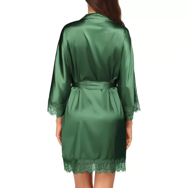 HOTOUCH Silk Robes for Women Short Lace Trim Satin Bride Robe 34 Sleeve Sexy Kimono Robe Sleepwear with PocketsDeep Green