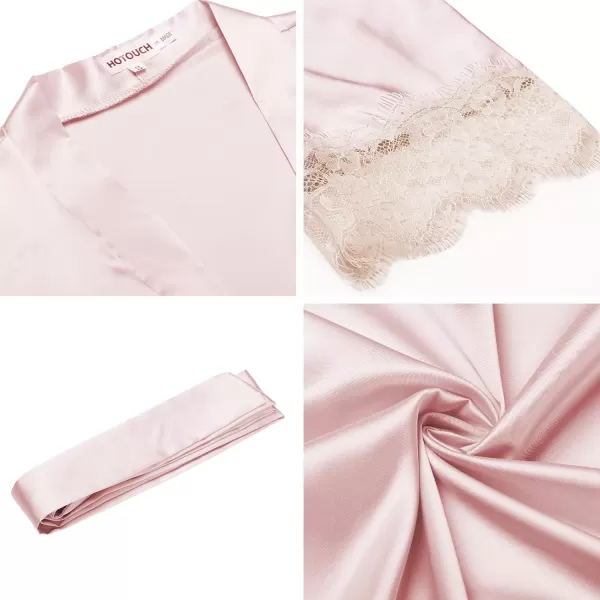 HOTOUCH Silk Robes for Women Short Lace Trim Satin Bride Robe 34 Sleeve Sexy Kimono Robe Sleepwear with PocketsLight Pink