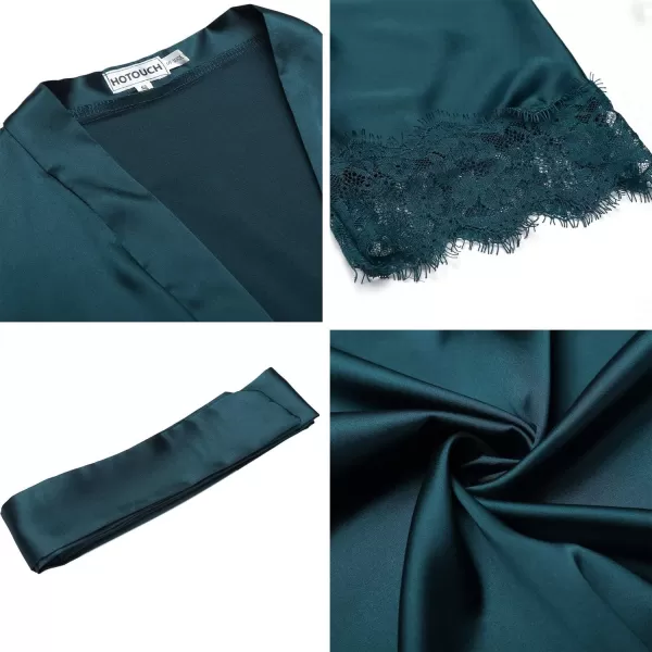 HOTOUCH Silk Robes for Women Short Lace Trim Satin Bride Robe 34 Sleeve Sexy Kimono Robe Sleepwear with PocketsPeacock Blue