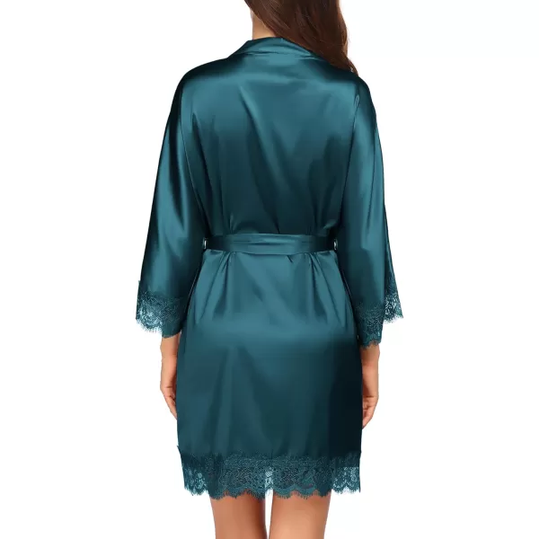 HOTOUCH Silk Robes for Women Short Lace Trim Satin Bride Robe 34 Sleeve Sexy Kimono Robe Sleepwear with PocketsPeacock Blue