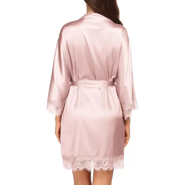 HOTOUCH Silk Robes for Women Short Lace Trim Satin Bride Robe 34 Sleeve Sexy Kimono Robe Sleepwear with PocketsPink2
