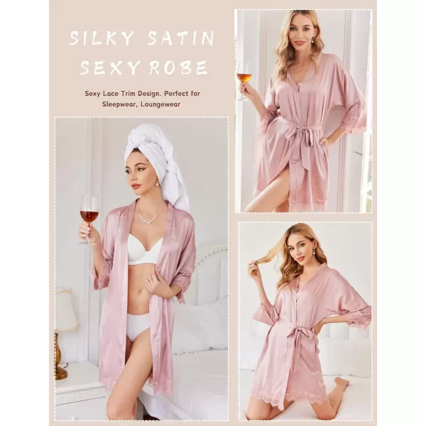 HOTOUCH Silk Robes for Women Short Lace Trim Satin Bride Robe 34 Sleeve Sexy Kimono Robe Sleepwear with PocketsPink2