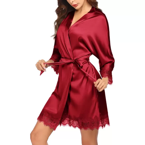HOTOUCH Silk Robes for Women Short Lace Trim Satin Bride Robe 34 Sleeve Sexy Kimono Robe Sleepwear with PocketsRed