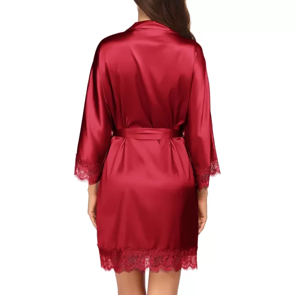 HOTOUCH Silk Robes for Women Short Lace Trim Satin Bride Robe 34 Sleeve Sexy Kimono Robe Sleepwear with PocketsRed