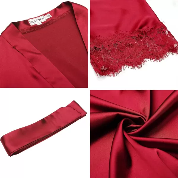 HOTOUCH Silk Robes for Women Short Lace Trim Satin Bride Robe 34 Sleeve Sexy Kimono Robe Sleepwear with PocketsRed