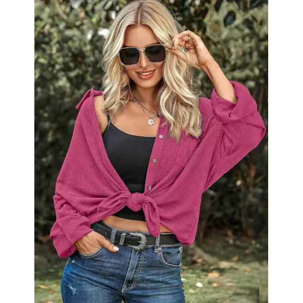 HOTOUCH Waffle Button Down Shirt Women Casual Knit Tops Long Sleeve Loose Fit Shacket with Pocket02hot Pink