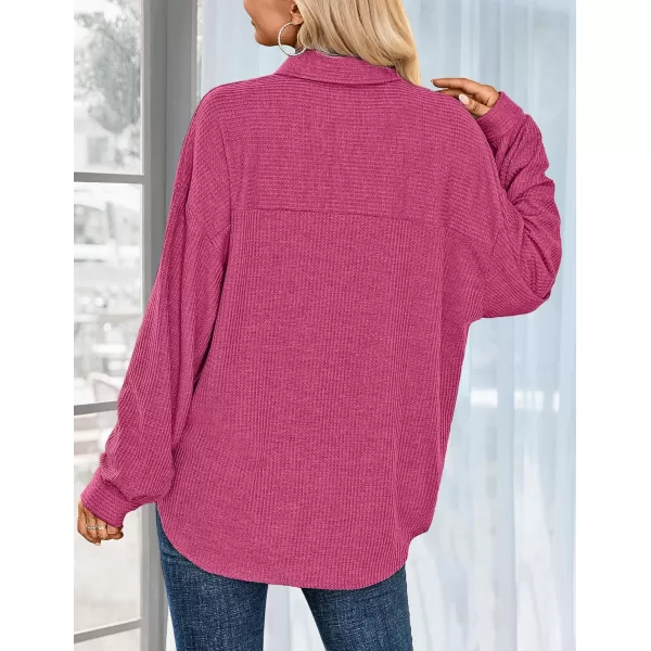 HOTOUCH Waffle Button Down Shirt Women Casual Knit Tops Long Sleeve Loose Fit Shacket with Pocket02hot Pink