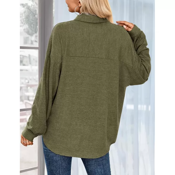 HOTOUCH Waffle Button Down Shirt Women Casual Knit Tops Long Sleeve Loose Fit Shacket with PocketArmy Green