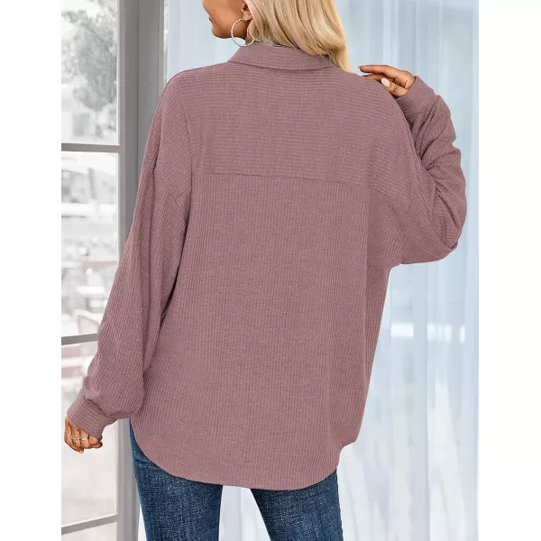 HOTOUCH Waffle Button Down Shirt Women Casual Knit Tops Long Sleeve Loose Fit Shacket with PocketBean Paste