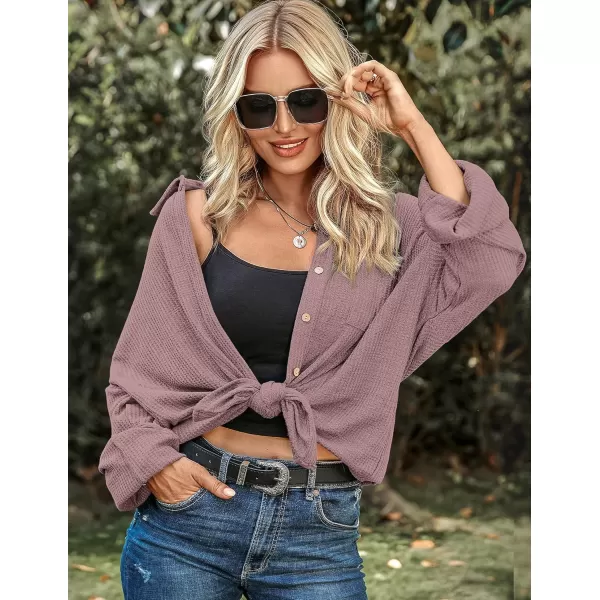 HOTOUCH Waffle Button Down Shirt Women Casual Knit Tops Long Sleeve Loose Fit Shacket with PocketBean Paste