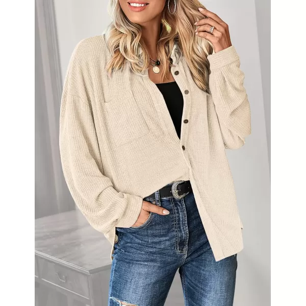 HOTOUCH Waffle Button Down Shirt Women Casual Knit Tops Long Sleeve Loose Fit Shacket with PocketBeige