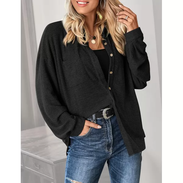 HOTOUCH Waffle Button Down Shirt Women Casual Knit Tops Long Sleeve Loose Fit Shacket with PocketBlack