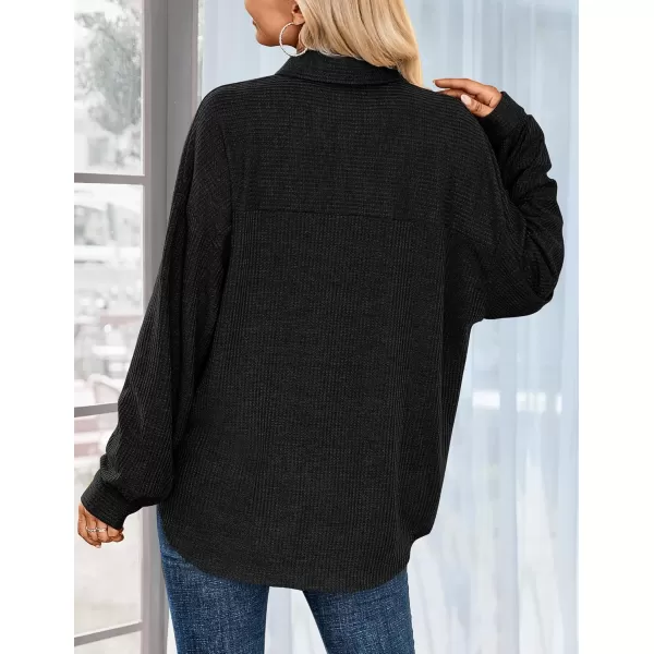 HOTOUCH Waffle Button Down Shirt Women Casual Knit Tops Long Sleeve Loose Fit Shacket with PocketBlack