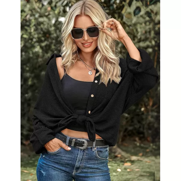 HOTOUCH Waffle Button Down Shirt Women Casual Knit Tops Long Sleeve Loose Fit Shacket with PocketBlack
