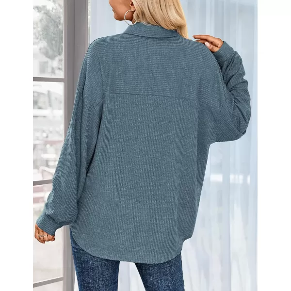 HOTOUCH Waffle Button Down Shirt Women Casual Knit Tops Long Sleeve Loose Fit Shacket with PocketClear Blue