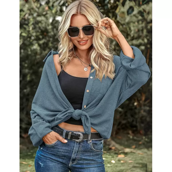 HOTOUCH Waffle Button Down Shirt Women Casual Knit Tops Long Sleeve Loose Fit Shacket with PocketClear Blue