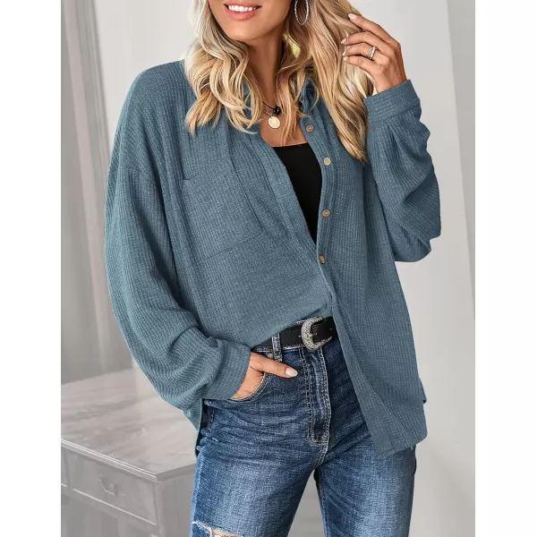 HOTOUCH Waffle Button Down Shirt Women Casual Knit Tops Long Sleeve Loose Fit Shacket with PocketClear Blue