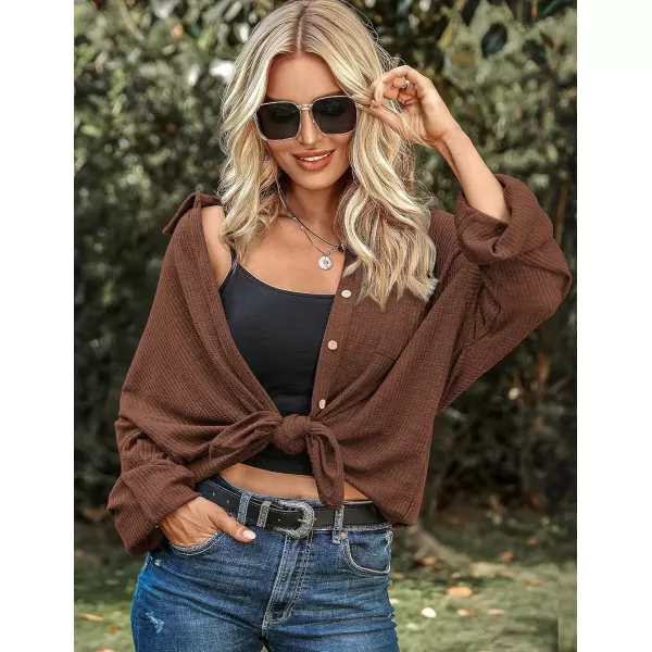 HOTOUCH Waffle Button Down Shirt Women Casual Knit Tops Long Sleeve Loose Fit Shacket with PocketCoffee