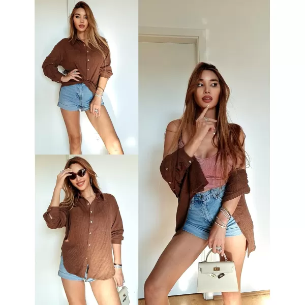 HOTOUCH Waffle Button Down Shirt Women Casual Knit Tops Long Sleeve Loose Fit Shacket with PocketCoffee