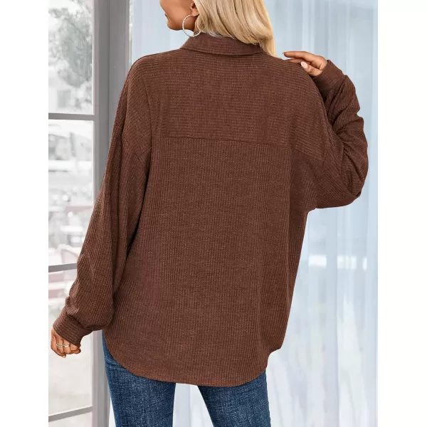 HOTOUCH Waffle Button Down Shirt Women Casual Knit Tops Long Sleeve Loose Fit Shacket with PocketCoffee