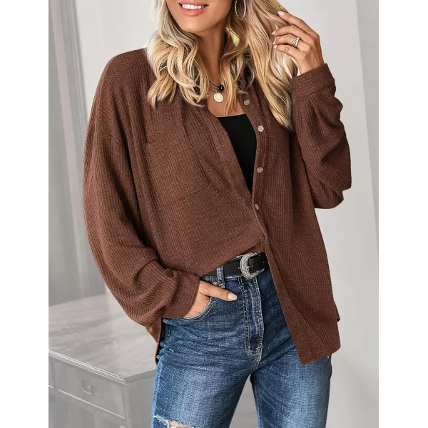 HOTOUCH Waffle Button Down Shirt Women Casual Knit Tops Long Sleeve Loose Fit Shacket with PocketCoffee